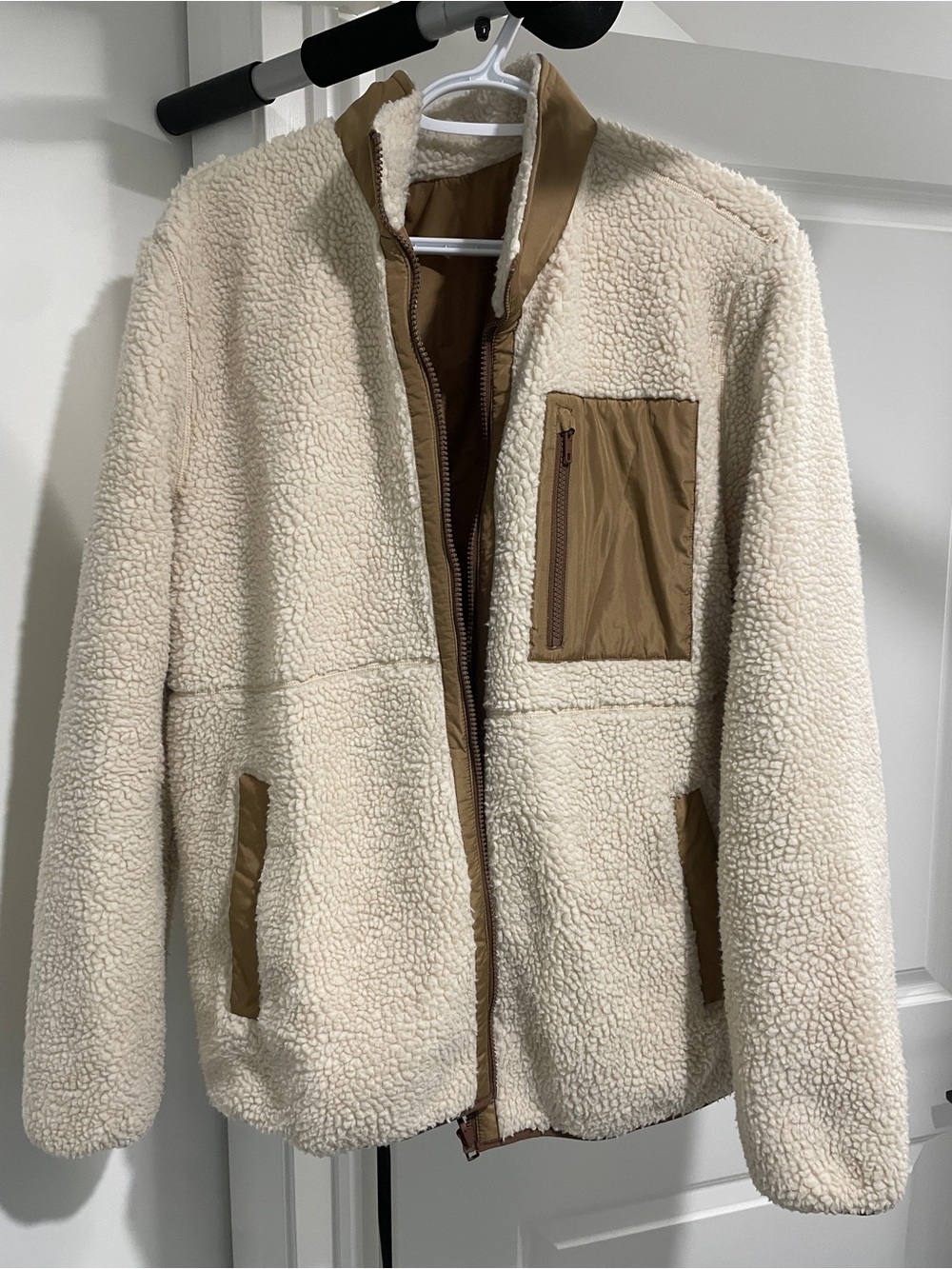 H&M Cream Sherpa Jacket with Tan Contrast Trim